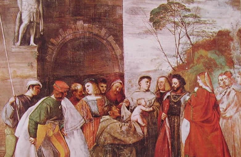 Tiziano Vecellio: Gli affreschi della scuola del Santo a Padova - Il miracolo del neonato, cm. 320 x 315.